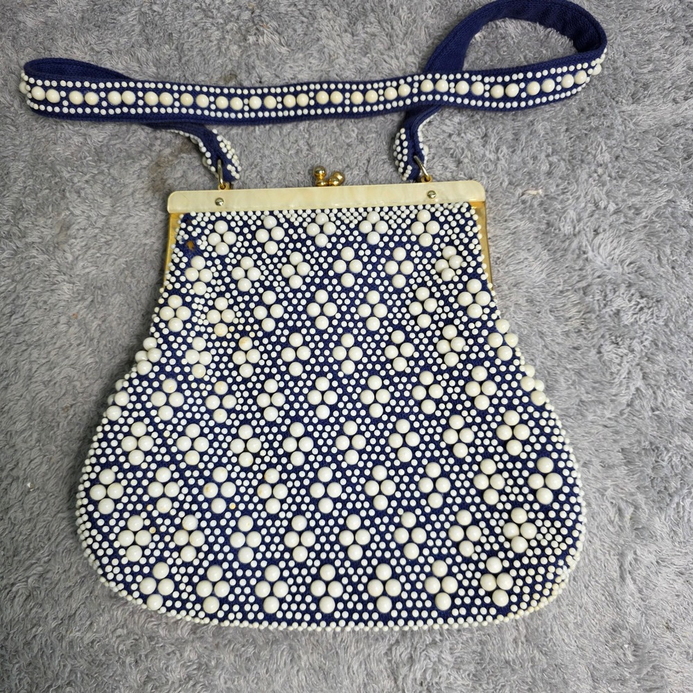Vintage Bubble Bead Handbag Blue White Lucite Frame Kiss Lock Hong‎ Kong